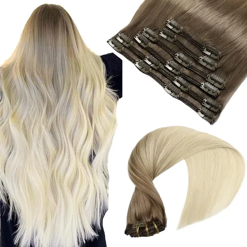 Miniatura 18 de VINBAO Extensiones de cabello humano con clip, balayage, color marrón ceniza a rubio caramelo, 14 pulgadas, 6 unidades, 3.53 onzas, 6