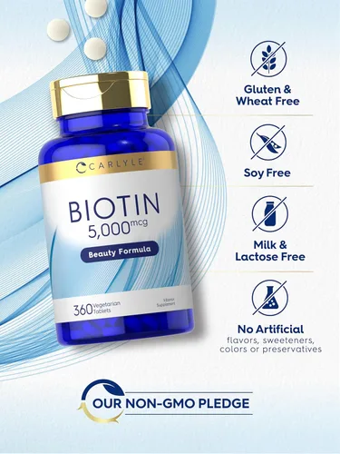 Miniatura 4 de Carlyle Biotin 5000mcg 360 tabletas vegetarianas Suplemento de fórmula de belleza para cabello, piel y uñas Sin OMG, sin gluten