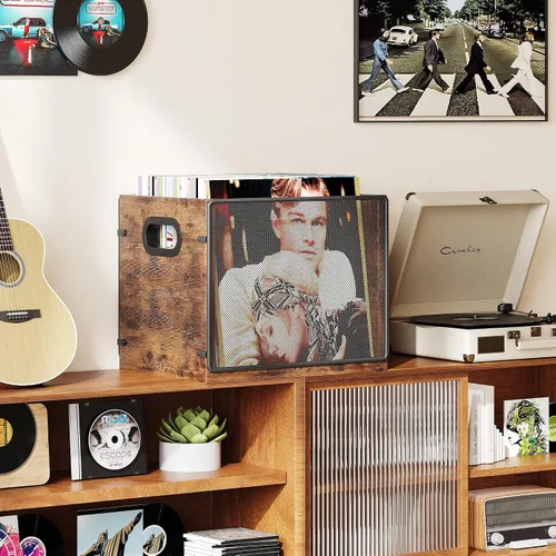 Miniatura 7 de Homeiju Caja de discos de madera y metal, soporte y organizador de álbumes de vinilo, con capacidad para hasta 60 discos