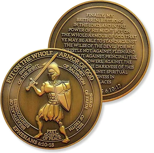 Miniatura 2 de 1 moneda de desafío de armadura de Dios, versículo bíblico de Efesios 6:10, moneda de desafío cristiano chapada en oro antiguo de 1.75 pulgadas