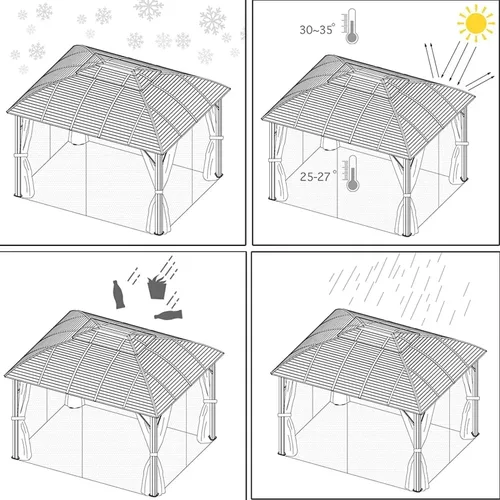 Miniatura 7 de Domi Cenador de Techo Rígido de 10'x12' con Toldo Arqueado, Cenador de Aluminio para Exteriores con Doble Techo de Acero Galvanizado, Cortina y Red