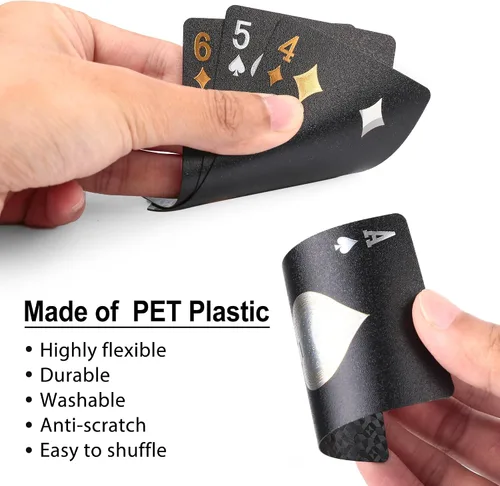 Miniatura 3 de LotFancy Tarjetas de juego de plástico, 2 barajas, tarjetas de póquer negras frescas con fundas de plástico, impermeables, índice estándar