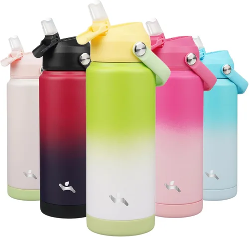 Miniatura 28 de Konokyo Botella de agua aislada con tapa de pajilla, botella de metal al vacío de acero inoxidable de 18 onzas con mango de silicona, color negro