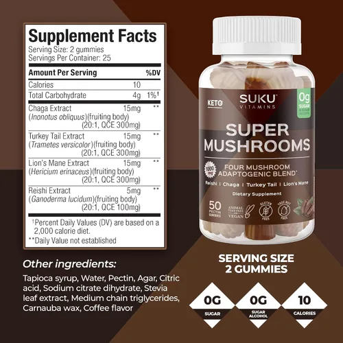 Miniatura 4 de SUKU Vitamins - Super Mushroom -Gomitas de mezcla de reishi chaga, cola de pavo y melena de leones para inmunidad - Fácil de masticar - Sin OMG, sin