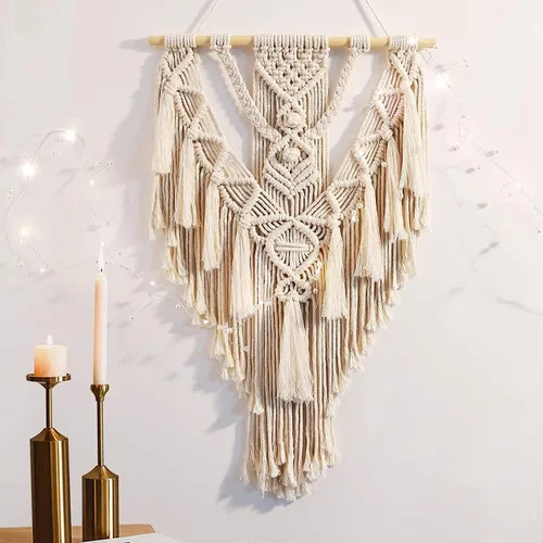 ANROYE Macramé - Decoración bohemia para colgar en la pared, tapiz geométrico tejido de algodón, hecho a mano, arte bohemio con borla larga, adorno