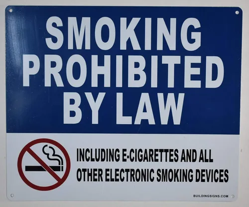 Prohibido fumar por ley, incluyendo cigarrillos electrónicos y todos los demás dispositivos electrónicos para fumar letrero - (blanco/azul, aluminio