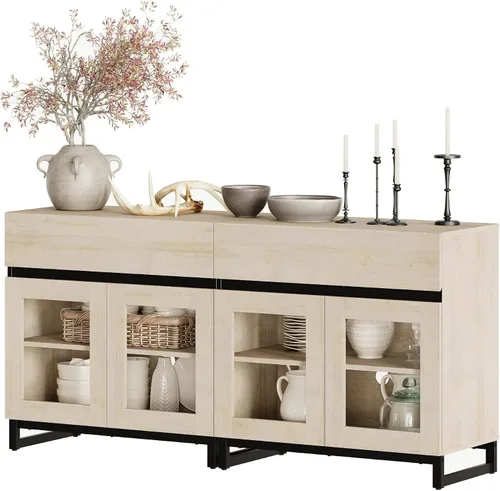 Miniatura 13 de WAMPAT - Gabinetes de aparador con puertas de vidrio, aparador moderno con estante ajustable, gabinete de almacenamiento para barra de café