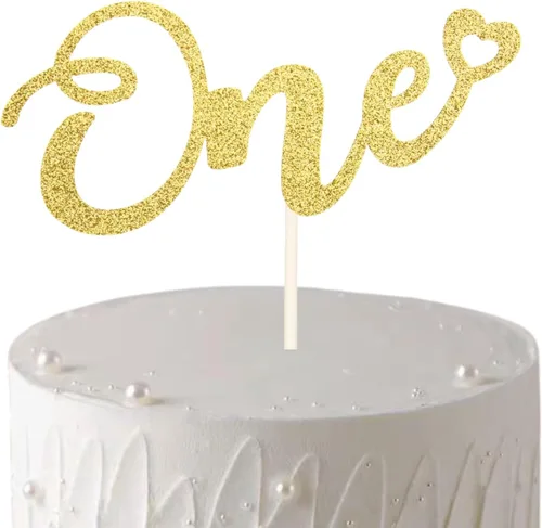 ALISSAR Decoración dorada de doble cara con purpurina para el primer cumpleaños, decoración de pastel para primer cumpleaños de niño y niña, primer