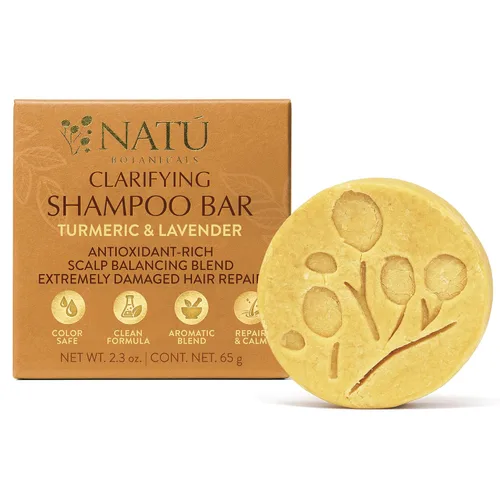 NATÚ BOTANICALS Barra de champú clarificante, barra de champú sólida fortalecedora con cúrcuma, lavanda y manteca de cacao para fortalecer y reparar