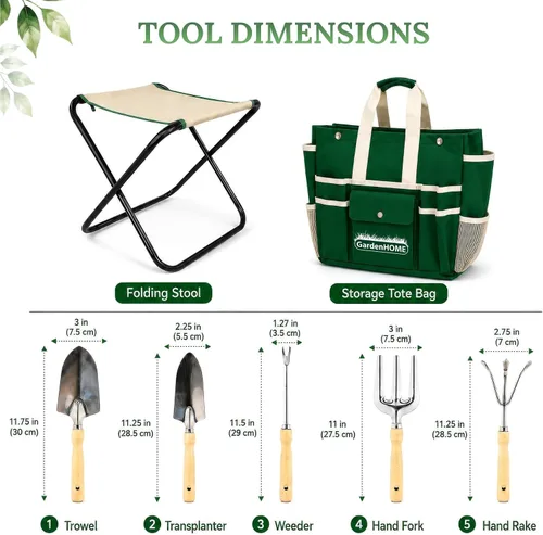 Miniatura 4 de GardenHOME Juego de herramientas de jardinería de 7 piezas, herramientas de acero inoxidable con asas de madera, taburete plegable y bolsa de lona