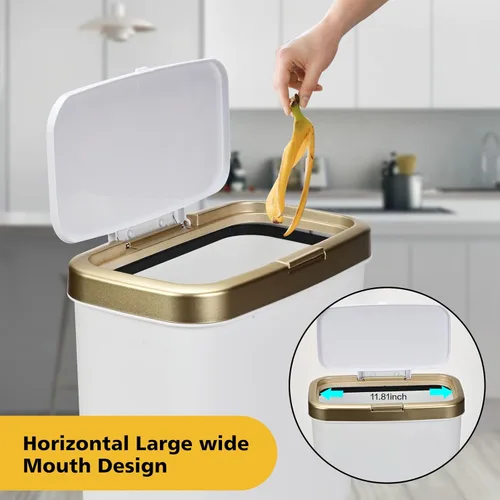 Miniatura 4 de Basurero de baño blanco y dorado, delgado con tapa, cubo de basura de cocina de 4 galones con patas, cesta de basura de plástico moderna