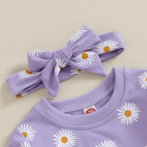 Miniatura 2 de Conjunto de 3 piezas de sudadera de margaritas + pantalones + diadema, ropa infantil de otoño e invierno