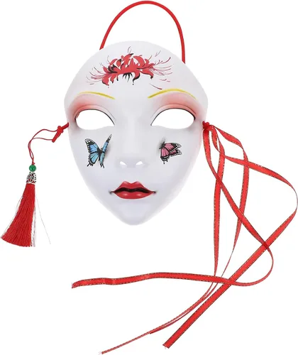 Miniatura 7 de PRETYZOOM Máscaras japonesas de Kabuki Kitsune para hombres, mujeres y niños, disfraz de Halloween, estilo chino, cosplay, máscara genial