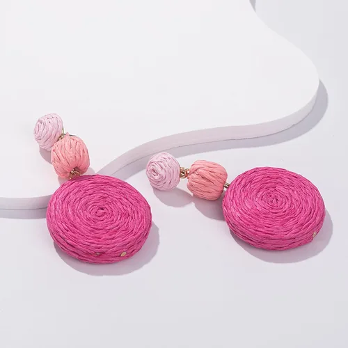 Miniatura 9 de Statement Raffia - Aretes redondos de bola colgantes de rafia, bonitos aretes bohemios hechos a mano para el verano para mujer