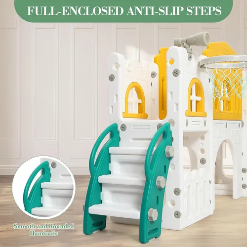 Miniatura 2 de Juego de toboganes 8 en 1 para niños, centro de actividades para interiores y exteriores, juego de tobogán escalador para niños con aro