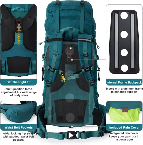 Miniatura 4 de N NEVO RHINO - Mochila de senderismo con marco interno 50, 60, 65, 70 y 80 L, mochila impermeable para escalar, camping, con cubierta de lluvia 20