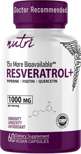 Nutri Resveratrol Suplemento 1000 mg Trans-Resveratrol de ultra alta pureza - 15 veces más biodisponible con quercetina liposomal y fisetina -