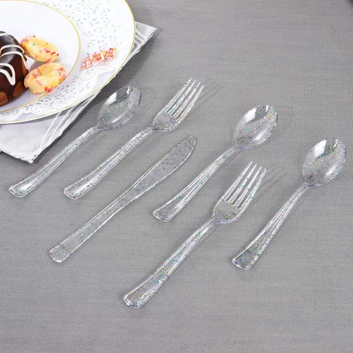 Miniatura 2 de Supernal 360 cubiertos de plástico transparente, cubiertos desechables con purpurina con diseño colorido, 120 tenedores, 120 cuchillos, 120