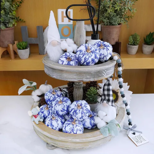 Miniatura 8 de Winlyn 12 calabazas decorativas de tela pequeña en azul y blanco, chinoiserie chic, calabazas de espuma de 3 pulgadas para regalos, otoño, boda
