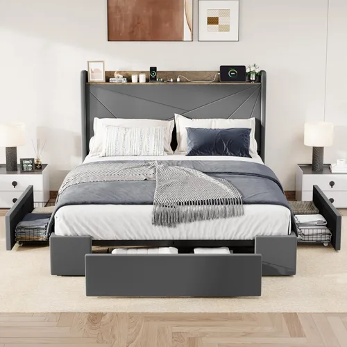 Miniatura 7 de Allewie Base de cama de terciopelo tamaño Queen con 3 cajones de almacenamiento, cama de plataforma tapizada con cabecera de almacenamiento
