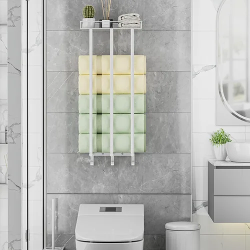 Miniatura 5 de Ovicar Toalleros para baño – Almacenamiento de toallas enrolladas montadas en la pared con estante de metal y 3 ganchos, 3 barras de pared para baño
