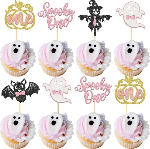 Miniatura 23 de Paquete de 24 adornos para cupcakes de Halloween con purpurina rosa, fantasma, pequeño abucheo, murciélago, bruja, gato, calabaza, magdalena