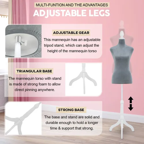 Miniatura 4 de Maniquí de torso maniquí con soporte para maniquíes de altura ajustable, cuerpo femenino, muestra mujeres para coser trípode de madera, base