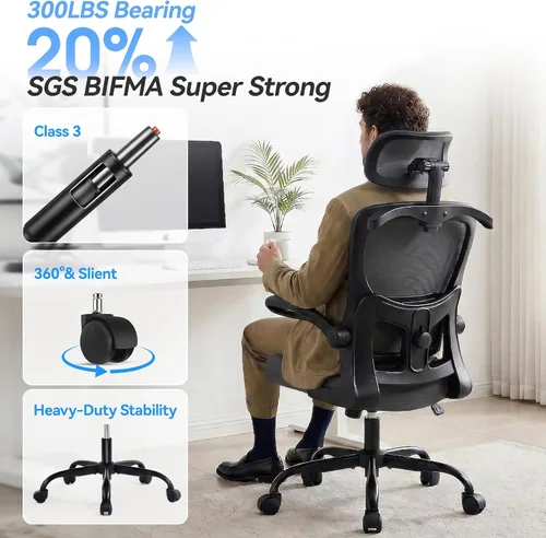 Miniatura 5 de AreShark Silla de Oficina Ergonómica con Soporte Lumbar Ajustable y Gancho para Cabezal, Silla de Malla Respirable de Respaldo Alto con Ruedas