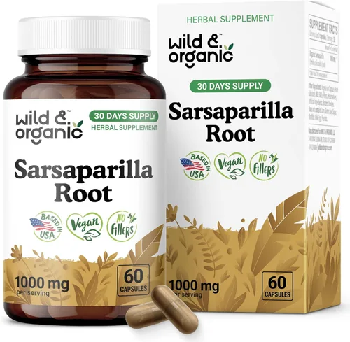 Wild & Organic Cápsulas de raíz de zarzaparrilla, apoyo para la piel y la desintoxicación, suplemento de raíz de zarzaparrilla de 1000 mg, 30 días
