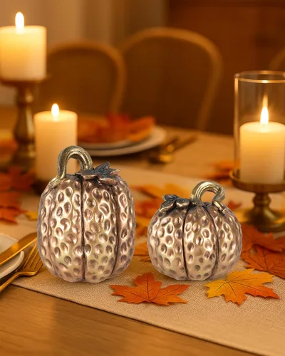 Miniatura 5 de GoGnome Juego de 2 figuras de calabaza de resina dorada, decoraciones texturizadas de cosecha de otoño para centro de mesa, decoración de Acción