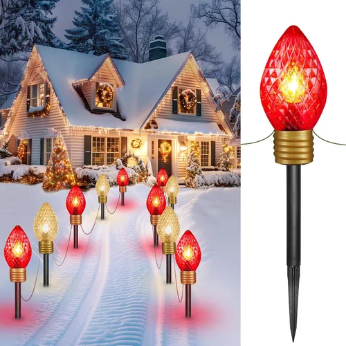 Paquete de 2 decoraciones navideñas para exteriores, tira de luces de Navidad jumbo o luces de marcador de camino, bombillas grandes, luces Rojo y