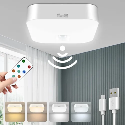 Luz de techo recargable con sensor de movimiento WhitePoplar para interiores con control remoto, luz recargable con sensor de movimiento inalámbrica