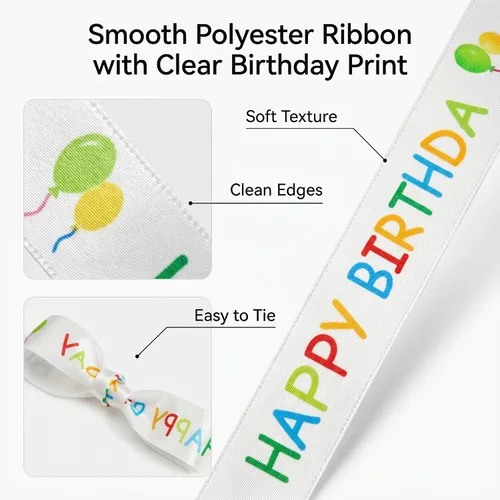 Miniatura 4 de Rollo de cinta de feliz cumpleaños para envoltura de regalos, 0.591 in x 30 pies, cinta de regalo de cumpleaños impresa blanca para manualidades