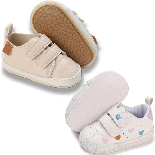 eitwo 2 pares de zapatos de bebé, para niños y niñas, suela de goma antideslizante, unisex, suaves y ligeros, zapatos de cuna para primeros pasos