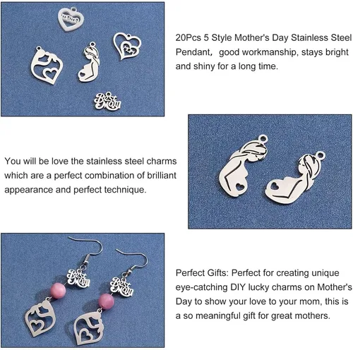 Miniatura 6 de PH PandaHall 20 dijes de 5 estilos para mamá, de acero inoxidable, con texto en inglés "Best Mom I Love Mom", dije de corazón para mamá, dije