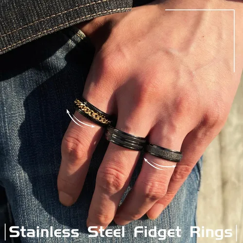 Miniatura 3 de Anillos negros de acero inoxidable para hombres, juego de anillos de promesa de boda para hombres, anillos de ansiedad simples y geniales