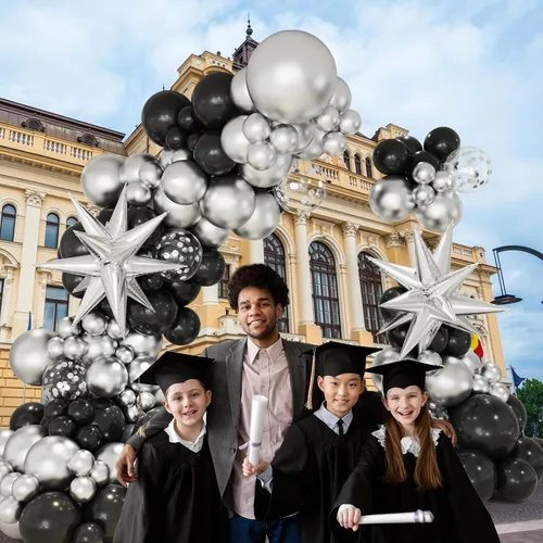 Miniatura 3 de Kit de arco de guirnalda de globos negros y plateados, 146 globos metálicos plateados y negros con globos plateados de papel de aluminio de estrella