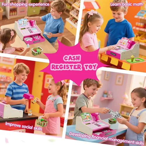 Miniatura 3 de Wee Wonders Caja registradora de madera para niños con calculadora real, juguete recargable de caja registradora con escáner/dinero