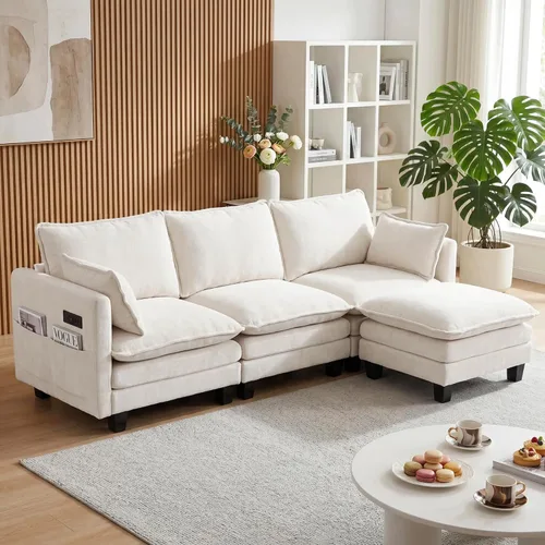 Sofá modular en forma de L de 102 pulgadas con otomana, sofá de asiento profundo de felpilla de 4 asientos con almohada para sala de estar,
