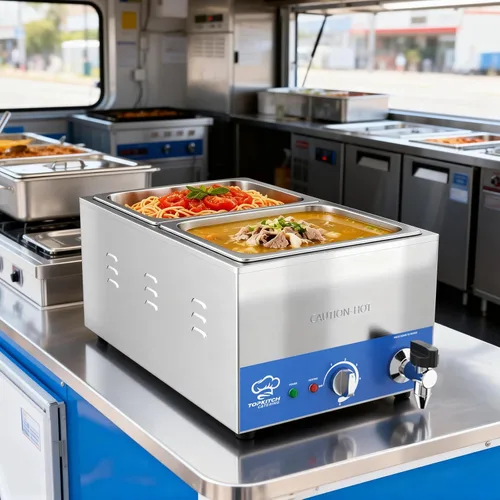 Miniatura 5 de TOPKITCH Calentador de alimentos comercial de 2 bandejas con tanque de agua de formación elástica sin fugas y 2 de tamaño 1/2 GN, estación de sopa