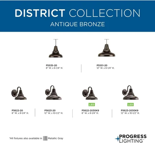 Miniatura 8 de Progress Lighting District LED Collection - Farol de pared mediana para exteriores, bronce envejecido, pantalla de metal blanco pintado, 1 luz
