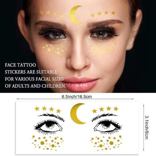 Miniatura 2 de 1 hoja de tatuajes faciales temporales metálicos dorados, luna celestial, estrella, pecas sintéticas, calcomanías de maquillaje, impermeables