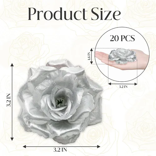 Miniatura 2 de 20 cabezas de rosas artificiales, flores artificiales a granel para manualidades, cabeza de flor de seda de rosa falsa de 3 pulgadas para Plata