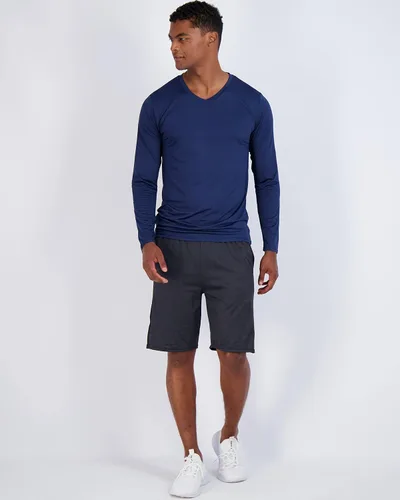 Miniatura 5 de Real Essentials Paquete de 4 camiseta deportiva de manga larga con cuello en V para hombre, de ajuste seco, para exteriores, UPF 50+