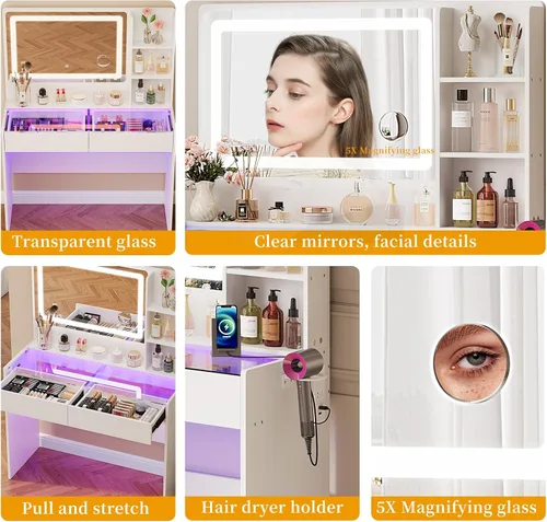 Miniatura 4 de Escritorio de maquillaje con espejo y luces, 3 modos de iluminación y brillo ajustable, tocador de maquillaje con toma de corriente, 2 cajones RGB