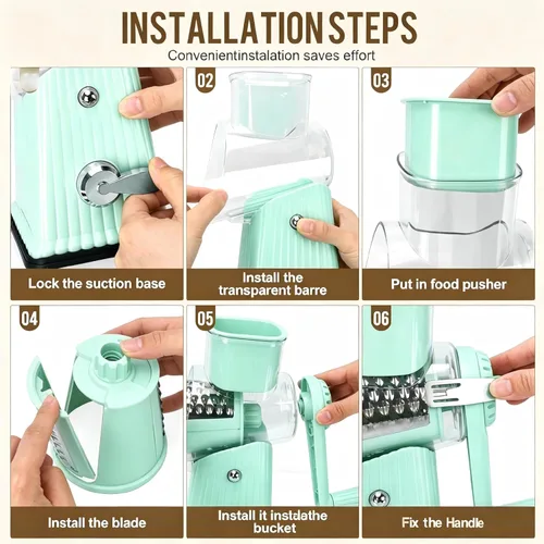 Miniatura 4 de Rallador rotativo de queso con 5 cuchillas bien diseñadas y base de succión fuerte, cortador de verduras de mandolina de cocina con caja