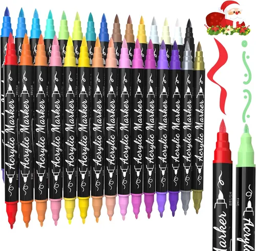 TOSHARE Marcadores de pintura acrílica de doble punta de 30 colores, pinceles de alta calidad y bolígrafos de pintura acrílica fina para rocas,