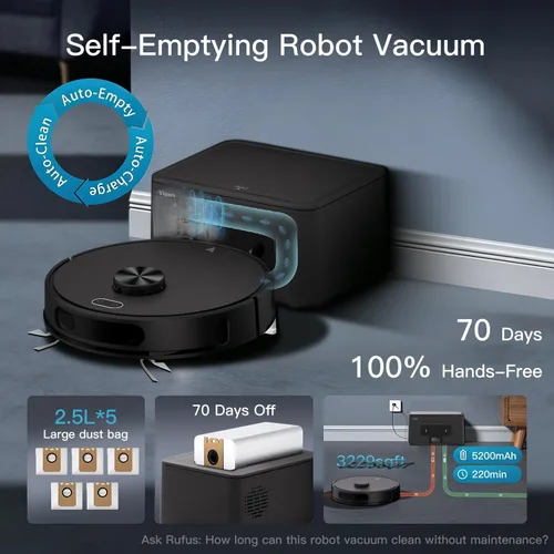Miniatura 2 de Combo de aspiradora y trapeador robot, succión de hasta 8000 Pa, robot aspirador autovaciado, limpieza manos libres de 70 días, navegación LiDAR