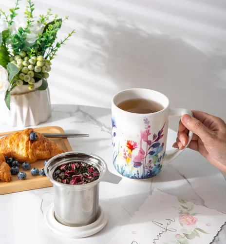 Miniatura 4 de Taza de Té de Porcelana AmorArc con Infusor y Tapas, Taza Grande de 18 Oz con Filtro con Soporte para Bolsa de Té de Hojas Sueltas, Taza para Salvia