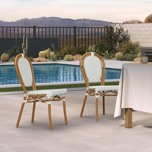 Miniatura 55 de PURPLE LEAF Juego de 1 silla de comedor al aire libre, marco de aluminio francés en acabado de bambú con ratán tejido ámbar y blanco para cocina